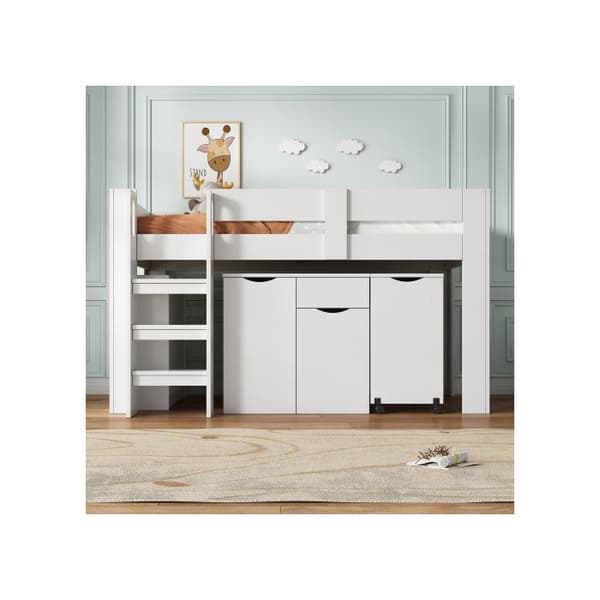Multifunktionell barnsäng med stege, med avtagbar garderob, utan madrass, MDF, vit 90*200