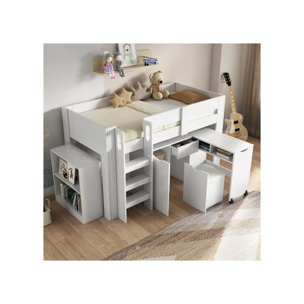 Multifunktionell barnsäng med stege, med avtagbar garderob, utan madrass, MDF, vit 90*200