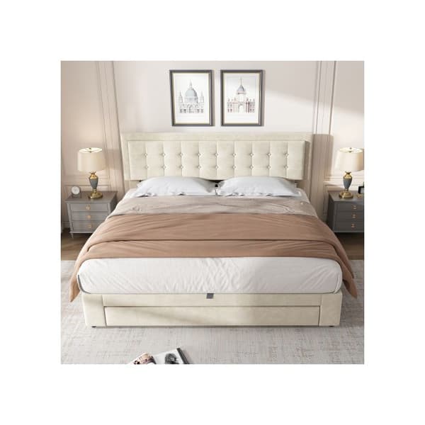 Säng med förvaring och lådor, sammetstyg, stoppad säng, ribbotten, dubbelsäng, stort förvaringsutrymme, 180 x 200, beige