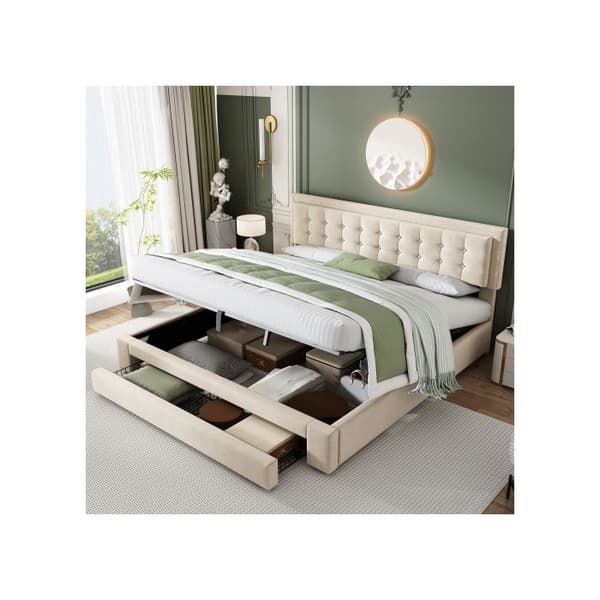Säng med förvaring och lådor, sammetstyg, stoppad säng, ribbotten, dubbelsäng, stort förvaringsutrymme, 180 x 200, beige