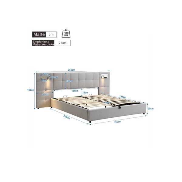 Uppfällbar säng 180 x 200 cm, hydraulisk säng, med USB-port, trådlös laddare och belysning, linne, grå