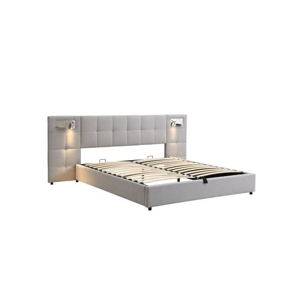 Uppfällbar säng 180 x 200 cm, hydraulisk säng, med USB-port, trådlös laddare och belysning, linne, grå
