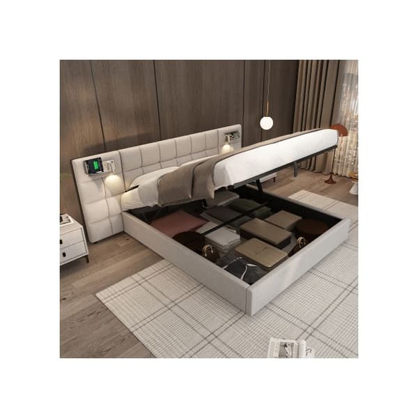 Uppfällbar säng 180 x 200 cm, hydraulisk säng, med USB-port, trådlös laddare och belysning, linne, grå
