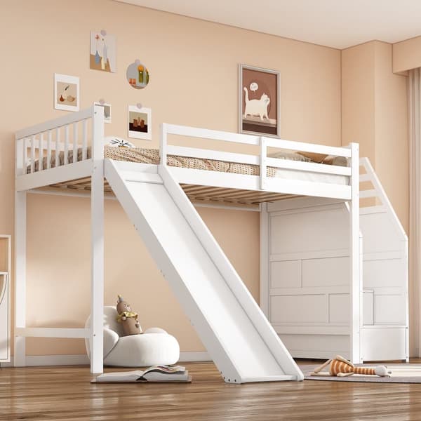 Mezzanine-säng 90x200cm i furu - med glid- och förvaringsstege - Vit