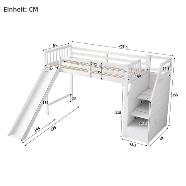 Mezzanine-säng 90x200cm i furu - med glid- och förvaringsstege - Vit