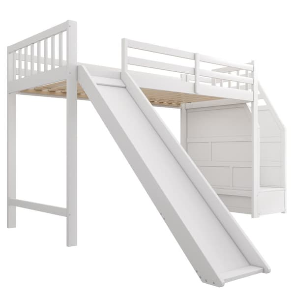 Mezzanine-säng 90x200cm i furu - med glid- och förvaringsstege - Vit