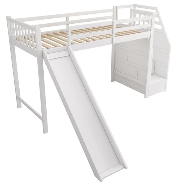 Mezzanine-säng 90x200cm i furu - med glid- och förvaringsstege - Vit