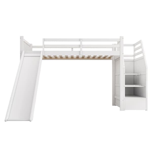 Mezzanine-säng 90x200cm i furu - med glid- och förvaringsstege - Vit