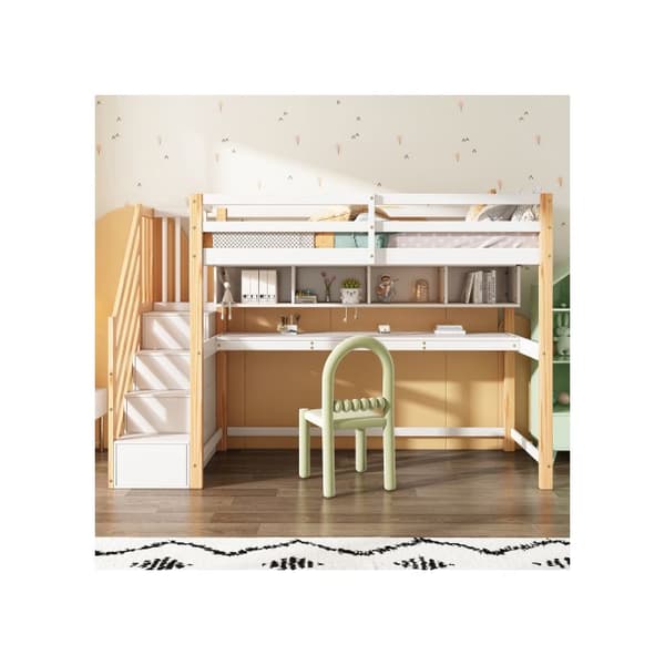 Köksäng för barn med förvaringsstege 90*200cm, massivt trä + MDF, ekologiska färger, natur och vitt