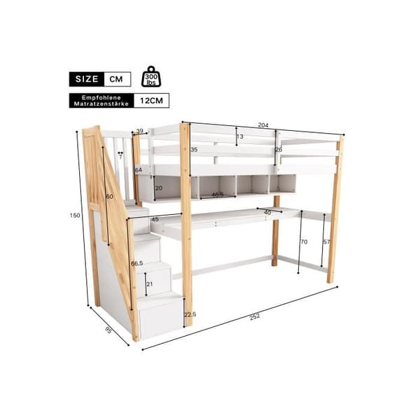Köksäng för barn med förvaringsstege 90*200cm, massivt trä + MDF, ekologiska färger, natur och vitt