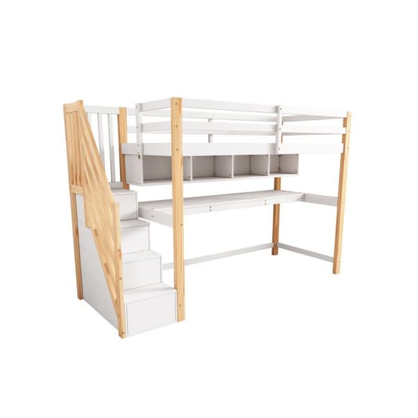 Köksäng för barn med förvaringsstege 90*200cm, massivt trä + MDF, ekologiska färger, natur och vitt