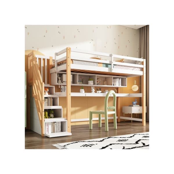Köksäng för barn med förvaringsstege 90*200cm, massivt trä + MDF, ekologiska färger, natur och vitt