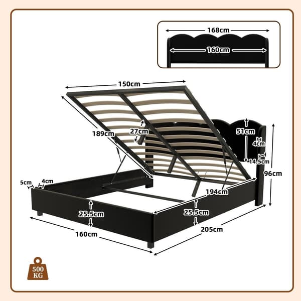 Rootz Kaksinkertainen vuode - pehmustettu sänky - Velvet -sänky - Hydraulinen säilytys - USB -lataus - 205 cm x 168 cm x 96 cm