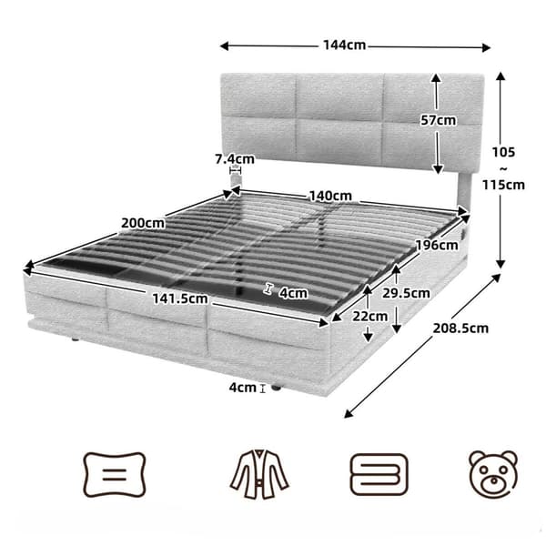 Rootz Double Seng - Opbevaringsseng - Velvet Bed - LED & USB - Hydraulisk opbevaring - 208,5 cm x 144 cm x 105-115cm