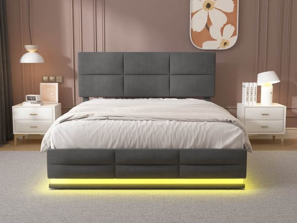 Rootz Double Seng - Opbevaringsseng - Velvet Bed - LED & USB - Hydraulisk opbevaring - 208,5 cm x 144 cm x 105-115cm