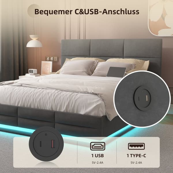 Rootz Double Seng - Opbevaringsseng - Velvet Bed - LED & USB - Hydraulisk opbevaring - 208,5 cm x 144 cm x 105-115cm
