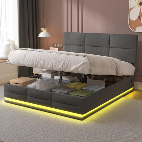 Rootz Double Seng - Opbevaringsseng - Velvet Bed - LED & USB - Hydraulisk opbevaring - 208,5 cm x 144 cm x 105-115cm