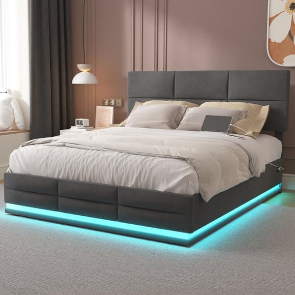 Rootz Double Seng - Opbevaringsseng - Velvet Bed - LED & USB - Hydraulisk opbevaring - 208,5 cm x 144 cm x 105-115cm