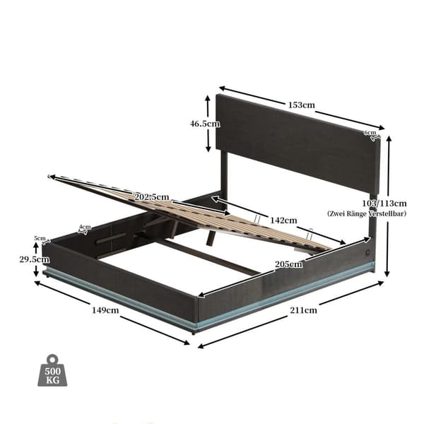 Rootz Kaksivuodekehys - säilytysvuode - Velvet -sänky - LED -valaistus - USB -lataus - 211 cm x 153 cm x 113cm