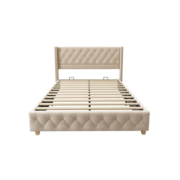 Ljust säng 160*200 cm, med ribbotten och sänggavel, ljusbeige