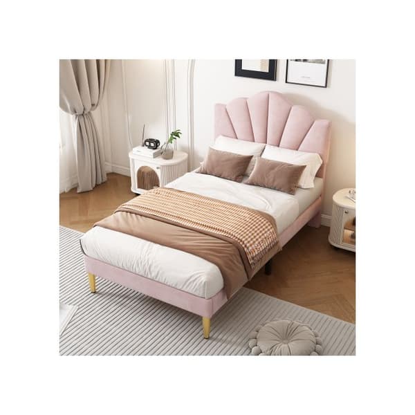 Velourklädd säng, 90*200 cm, justerbar huvudgavel, sängbotten i trä, rosa färg.