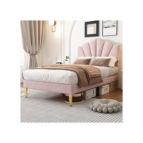 Velourklädd säng, 90*200 cm, justerbar huvudgavel, sängbotten i trä, rosa färg.