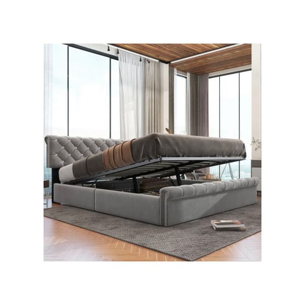 Bäddsoffa, 180*200, med ribbsängbotten och sänggavel, sammet, grå