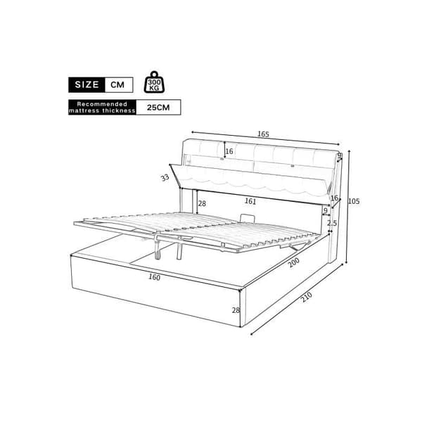 Elegant uppfällt säng, 160*200, hydraulisk säng, dold förvaring i sänggavel, utan madrass, svart