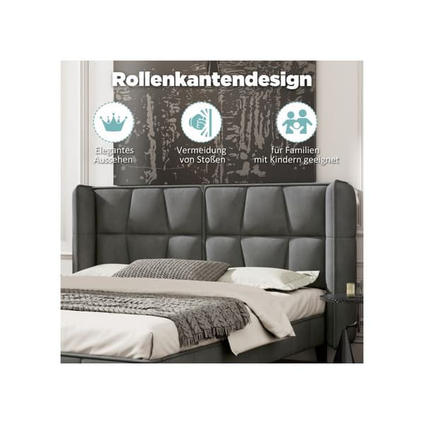 Säng 140*200, med sängbotten och huvudgavel, stöd av träreglar, sammet, grå