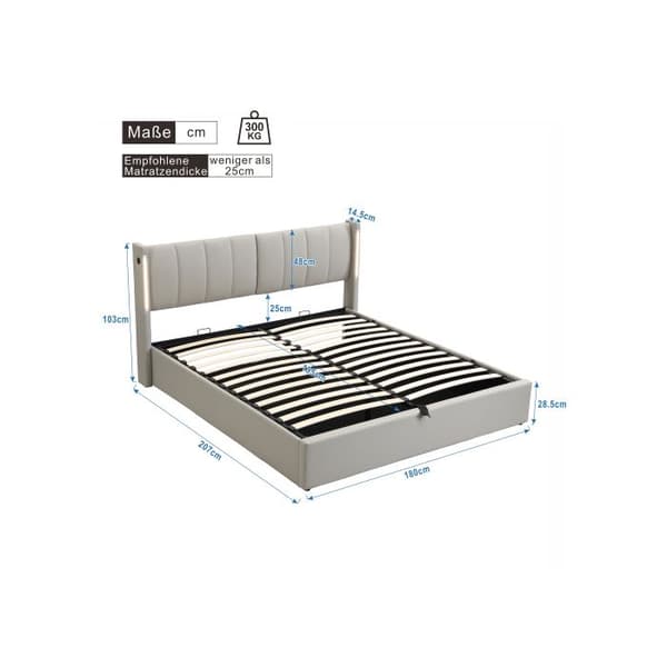 Uppfällt Binaural LED, 180 x 200 cm, justerbar sänggavel, PU, grå