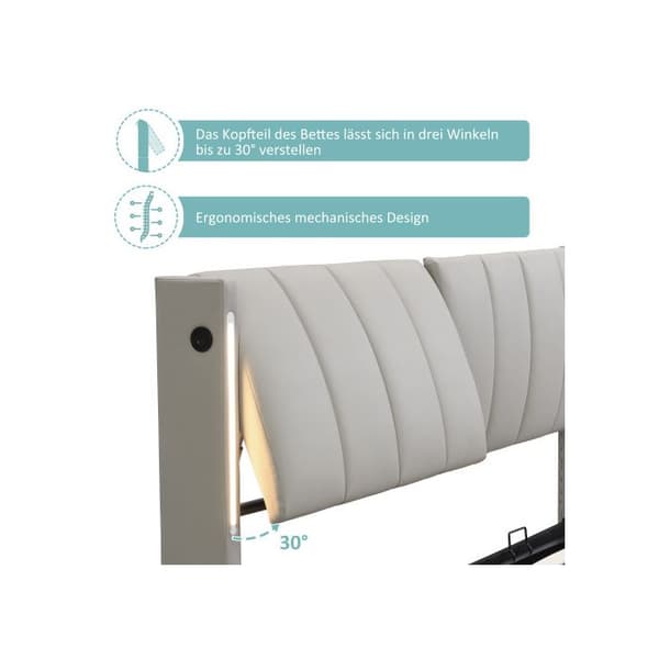 Uppfällt Binaural LED, 180 x 200 cm, justerbar sänggavel, PU, grå
