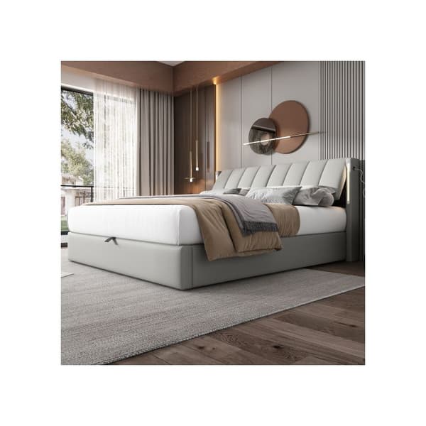 Uppfällt Binaural LED, 180 x 200 cm, justerbar sänggavel, PU, grå