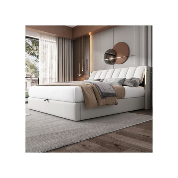Ljust kapitonömsäng Binaural LED, 160 x 200 cm, justerbar sänggavel, PU-hjul, vit