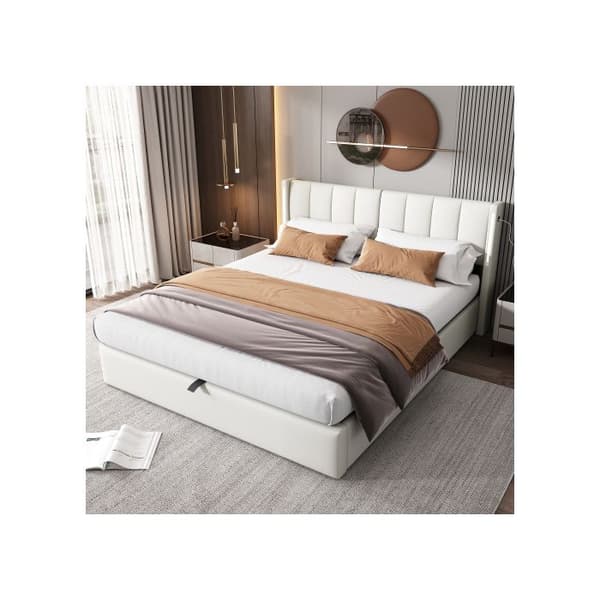 Ljust kapitonömsäng Binaural LED, 160 x 200 cm, justerbar sänggavel, PU-hjul, vit