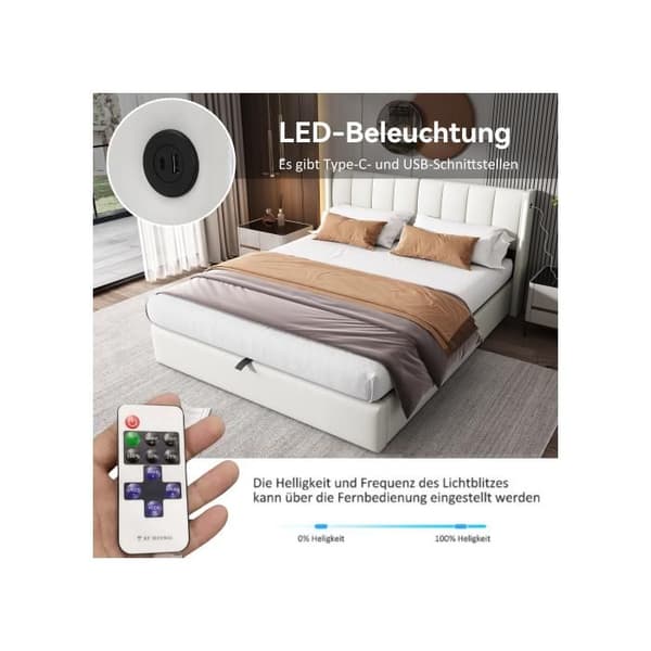 Ljust kapitonömsäng Binaural LED, 160 x 200 cm, justerbar sänggavel, PU-hjul, vit