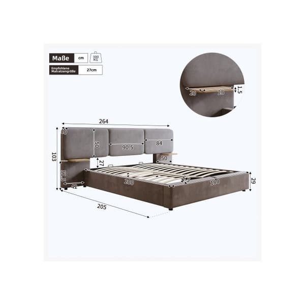 Säng med stoppning 180 x 200 cm, med förvaring, sängbotten med trälameller, sammet, grå