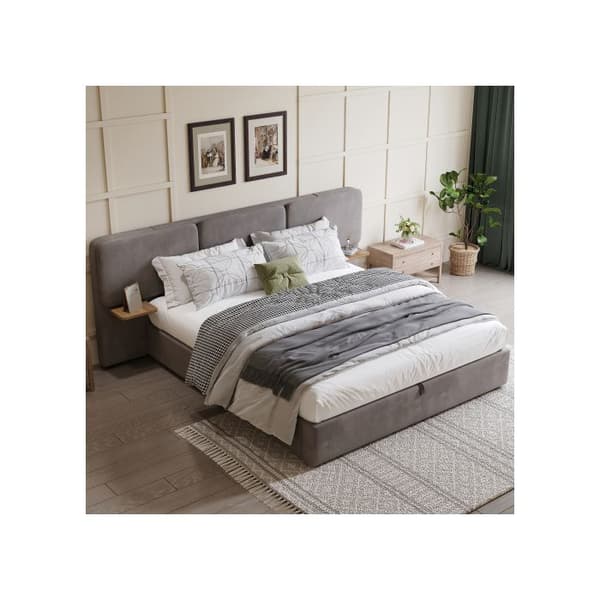 Säng med stoppning 180 x 200 cm, med förvaring, sängbotten med trälameller, sammet, grå