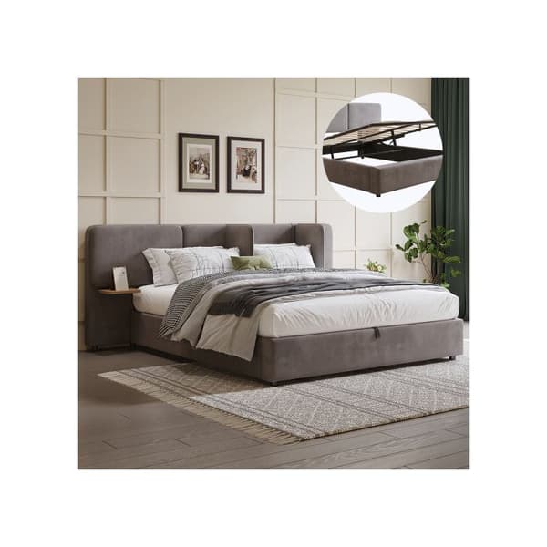 Säng med stoppning 180 x 200 cm, med förvaring, sängbotten med trälameller, sammet, grå