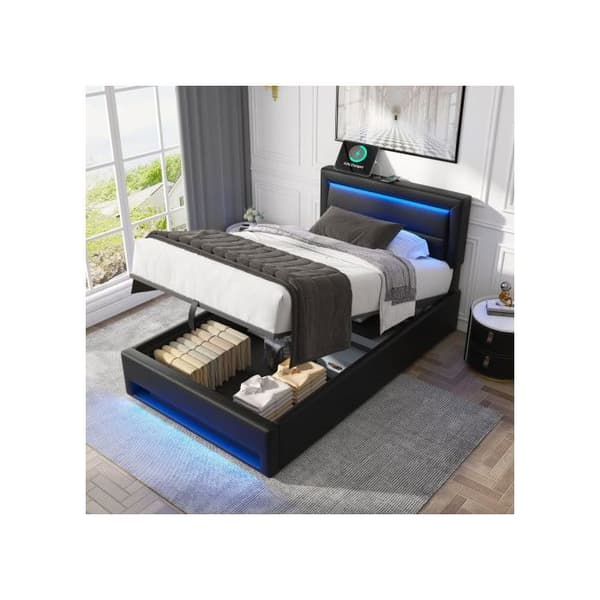 Säng med stoppade sidor 90 x 190 cm, med USB-port, utan madrass, PU-litchi-mönster, svart