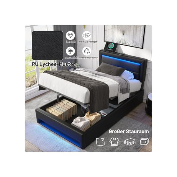Säng med stoppade sidor 90 x 190 cm, med USB-port, utan madrass, PU-litchi-mönster, svart