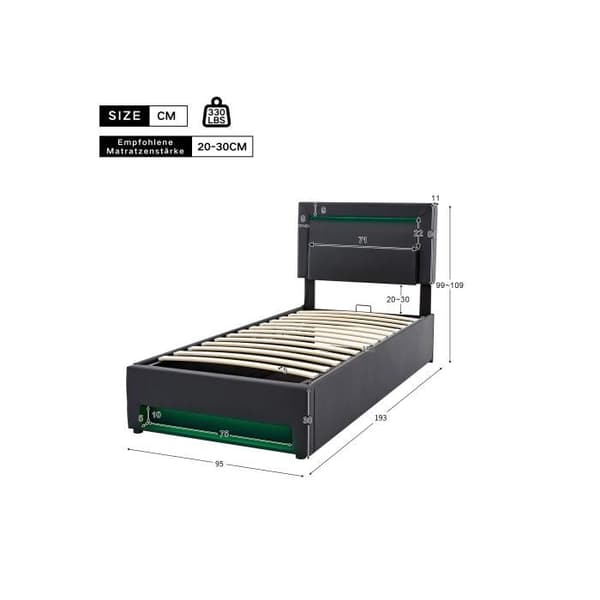 Säng med stoppade sidor 90 x 190 cm, med USB-port, utan madrass, PU-litchi-mönster, svart