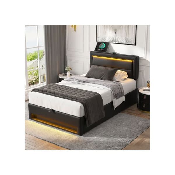 Säng med stoppade sidor 90 x 190 cm, med USB-port, utan madrass, PU-litchi-mönster, svart