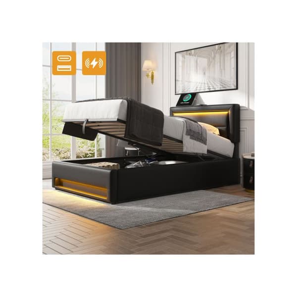 Säng med stoppade sidor 90 x 190 cm, med USB-port, utan madrass, PU-litchi-mönster, svart