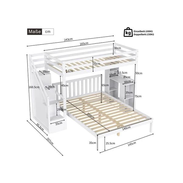 Uppfällbar säng med sidostöd, 90*200cm+140*200cm, Mycket stort förvaringsutrymme, Madrass ingår inte, Tall + MDF, Vit