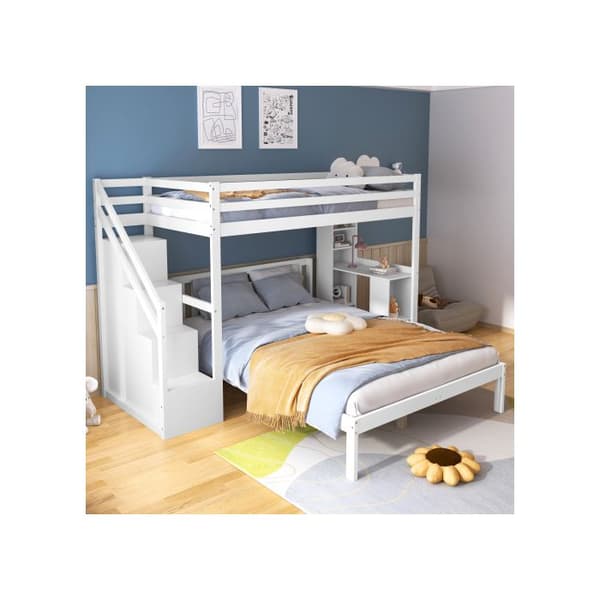 Uppfällbar säng med sidostöd, 90*200cm+140*200cm, Mycket stort förvaringsutrymme, Madrass ingår inte, Tall + MDF, Vit