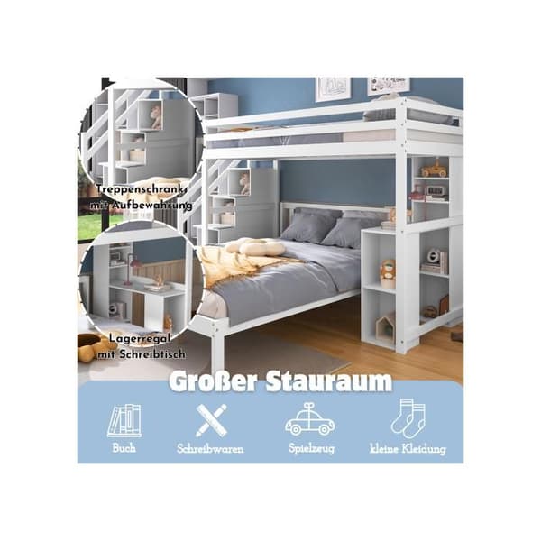 Uppfällbar säng med sidostöd, 90*200cm+140*200cm, Mycket stort förvaringsutrymme, Madrass ingår inte, Tall + MDF, Vit