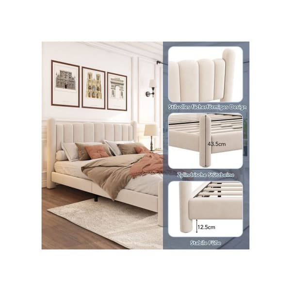 Lits capitonné 160*200 cm, med lameller och huvudgavel, sammet, beige.