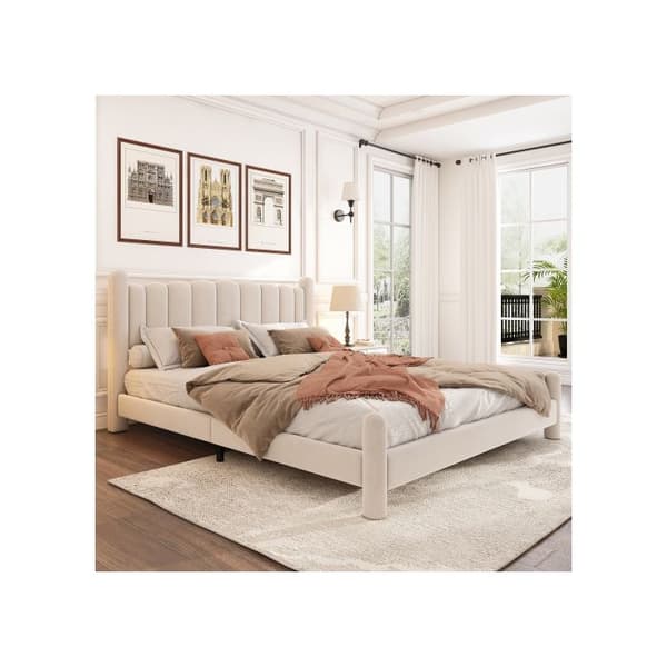 Lits capitonné 160*200 cm, med lameller och huvudgavel, sammet, beige.