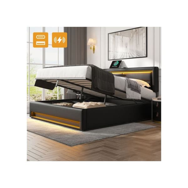 Köping säng 140 x 190 cm, med USB-port, utan madrass, design i PU-lychee, svart