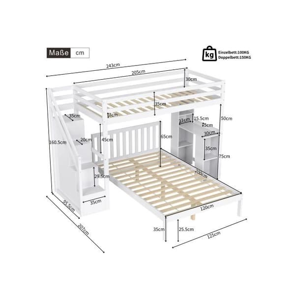 Säng med överliggande säng och sidokramar, 90*200cm+120*200cm, utan madrass, furu + MDF, vit